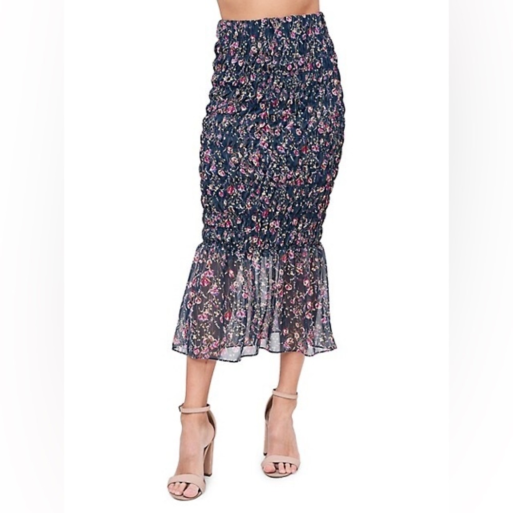 Floral-Print Smocked Mermaid Midi Skirt S/M